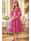 abordables Vestidos de cóctel-Corte A Vestido Midi Vestidos de coctel Vestidos de fiesta Elegante Madre Manga 3/4 Escote en Pico Formal Invitado a la boda Satén con Plisado