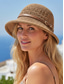 voordelige Dameshoeden-Dames bucket hat van geweven polyester met leren riem, lichtgewicht zomerzonnehoed voor vakantie, strand, casual buitenactiviteiten en dagelijks gebruik.
