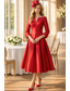 abordables Vestidos de cóctel-Corte A Vestido Midi Vestidos de coctel Vestidos de fiesta Elegante Madre Manga 3/4 Escote en Pico Formal Invitado a la boda Satén con Plisado