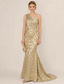 billiga Mermaid kvällsklänningar-Sjöjungfru trumpet Svepsläp Golvlång Kvälls klänningar Elegant Glittriga Semiformella klänningar Ärmlös Enaxlad Kvällsfest Bröllop Jersey med Blomtryck Plisserat Veckad