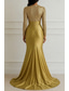 billige Havfrue Kveldsdrakter-Havfrue Gulvlengde Kveldskjoler Elegant Silkete Langermet Crew-hals Bryllup Formell Champagne Mother Of the Bride-kjole Elastisk satin med Glimmer Plissert