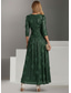 abordables Vestidos de cóctel-Corte A Hasta el Tobillo Vestido Midi Vestido de encaje Vestidos de coctel Elegante Reluciente Floral Manga 3/4 Escote en Pico Fiesta de Noche Boda Lentejuelas con Brillante Flores 3D Fruncido