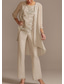 cheap Mom's Pant Suits-Jumpsuit Pantsuit Floor Length Mother of the Bride Dress 3/4 Length Sleeve Jewel Neck Elegant Formal Wedding Guest Chiffon Lace with Beading Appliques