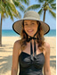 baratos Chapéus Femininos-Chapéu de sol feminino listrado e dobrável, chapéu de praia de poliéster com aba larga, boné de viagem de verão fácil de guardar, chapéu elegante com proteção UV.