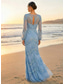 abordables Vestidos de noche ajustados-Funda Columna Hasta el Suelo Vestidos de noche Elegante Reluciente Lentejuelas Manga Larga Cuello Barco Fiesta de Noche Boda Tul Charmeuse con Brillante Lentejuela Bordado con cuentas