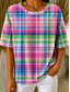 cheap Stripe&amp;Geometric tee-Women's Waffle T-shirt Textured Knit Tops Graphic Geometric Plaid Stylish Classic Short Sleeve Crew Neck Long Tops Casual Daily Blue Pink Orange Summer Spring