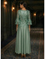ieftine Lungimea gleznei-Linia -A Lungime Gleznă Rochie Mama Miresei Lungime Manșon 3/4 Stil Nautic Elegant Epocă Simplu Oficial Invitat la nunta Adunare Familială Satin Dantelă cu Paiete Volane Voaluri Cascadă