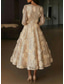 abordables Robes de cocktail-Ligne A Longueur thé Robes de Cocktail Élégant Luxueux Éclat Manche 3/4 Col en V Mariage Formel Dentelle Pailleté avec Fleurs 3D Paillettes