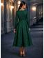 cheap Cocktail Dresses-A-Line Tea Length Formal Dresses Cocktail Dresses Elegant Glittering Long Sleeve Boat Neck Wedding Formal Organza Jacquard with Pleats Crystals