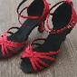 chaussures de danse latine en satin rouge pour femmes – talons à lanières avec semelle en daim pour la salsa et la performance