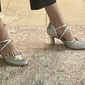 Silver Glitter Dance Shoes with Cross-Strap and Buckle Detail – Comfortable Ballroom and Latin Dance Heels for Women