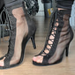 Botas de baile de malla con cordones negros para mujer: tacones de aguja con punta abierta para baile de salón, salsa y noche