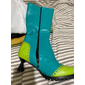 bottes vintage boutonnées au genou pour femmes bleu sarcelle et citron vert avec talons sculptés - chaussures de cosplay rétro et de mode tendance