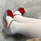 scarpe da festa in stile retrò con tacco mary jane a quadri vintage a quadretti da donna con decorazioni floreali rosse