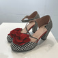 scarpe da festa in stile retrò con tacco mary jane a quadri vintage a quadretti da donna con decorazioni floreali rosse