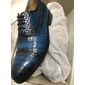 حذاء أوكسفورد رجالي من جلد البقر المنقوش بنقشة جلد التمساح باللون الأزرق - حذاء أنيق برباط للمناسبات الرسمية وملابس العمل