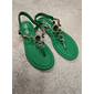 Women's Green Rhinestone Embellished T-Strap Sandals with Elastic Ankle Strap – Elegant Summer Footwear for Beach, Parties, or Casual Wear