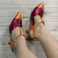 Women's Orange and Fuchsia Metallic T-Strap Heels – Colorblock Pointed Toe Retro Kitten Pumps for Dance Party, Nightclub, and 1970s Vintage Events