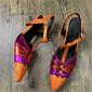 Women's Orange and Fuchsia Metallic T-Strap Heels – Colorblock Pointed Toe Retro Kitten Pumps for Dance Party, Nightclub, and 1970s Vintage Events
