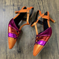 Women's Orange and Fuchsia Metallic T-Strap Heels – Colorblock Pointed Toe Retro Kitten Pumps for Dance Party, Nightclub, and 1970s Vintage Events