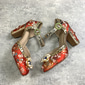 Tacco Ricamato Floreale Rosso per Donne con Accenti di Perle e Gemme - Tacco Chunky ispirato al Vintage Gatsby degli Anni '20 per Occasioni Speciali Matrimoni e Feste