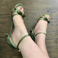 Women's 1950s Vintage Satin Green Strappy Kitten Heel Sandals with Bow Detail – Elegant Evening Shoes for Wedding Guests, Cocktail Parties, and Formal Events